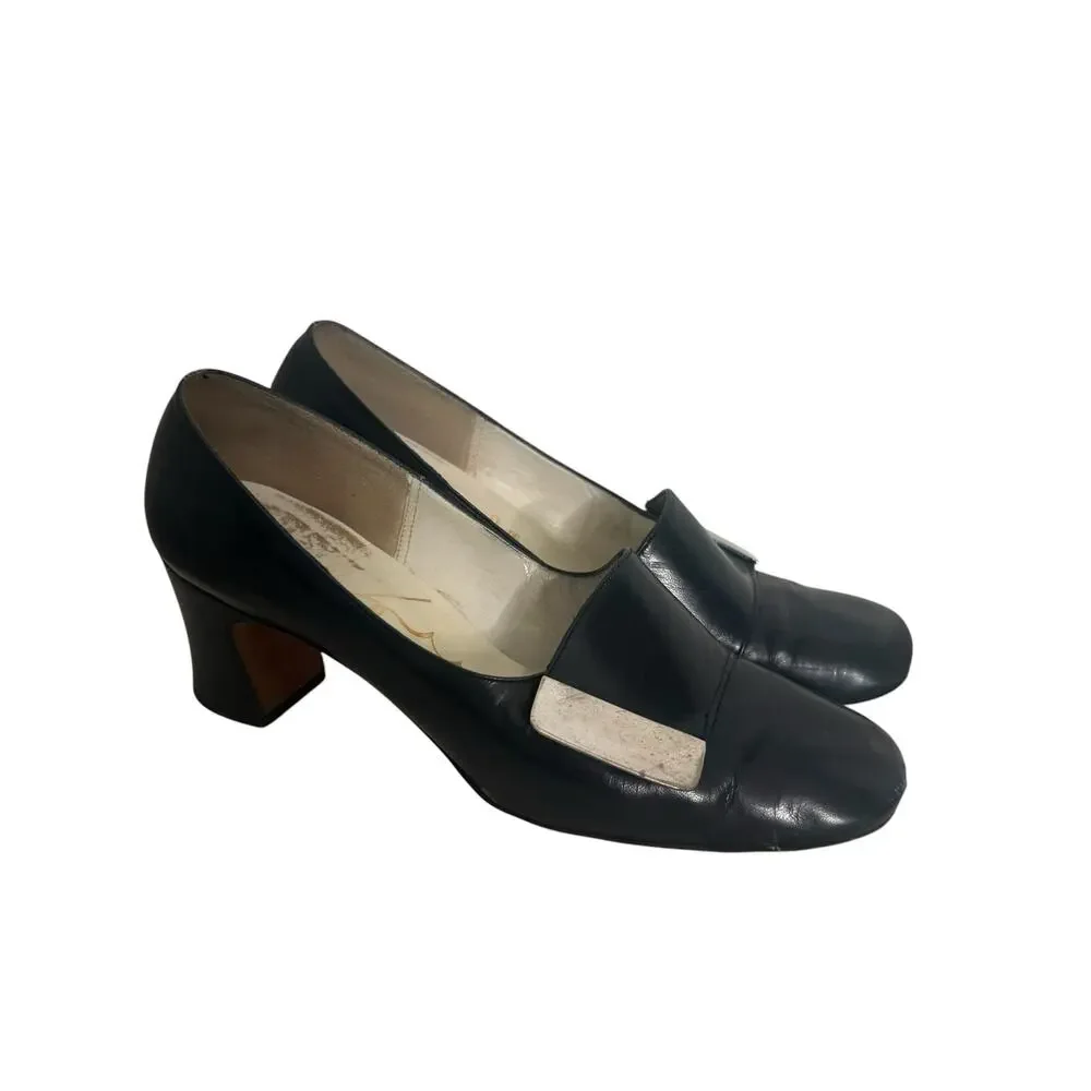 Vintage 1960s Berger Phillips Navy Leather Mod Pumps Size 7.5 M